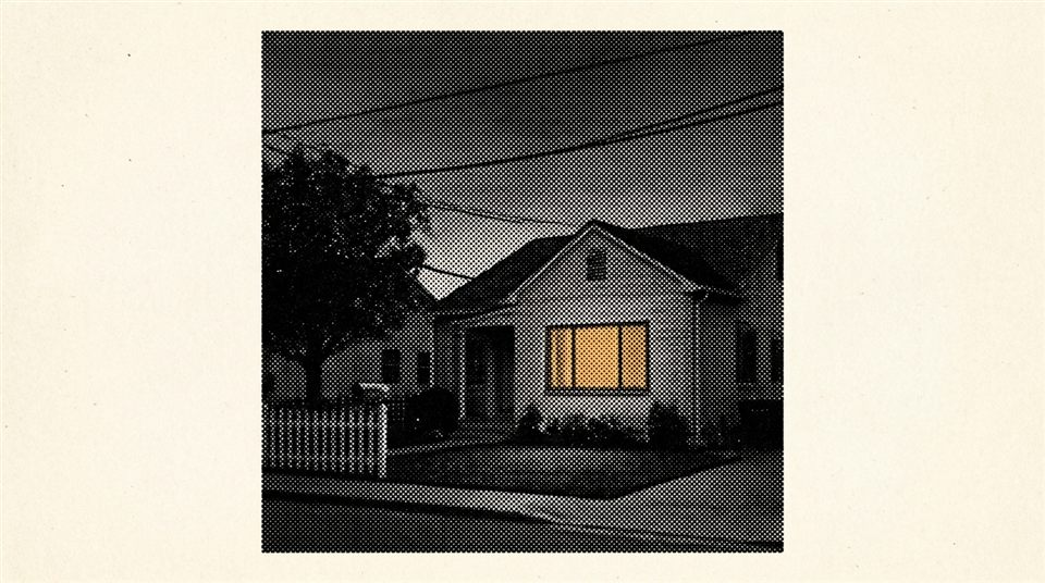 Dithered engraving of a family house at night with one lit window