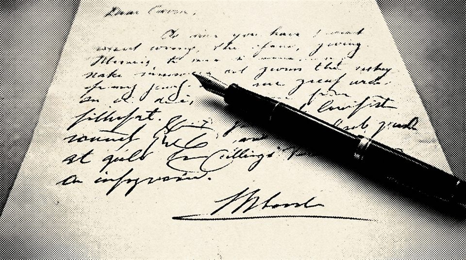 Dithered engraving of a handwritten letter with a fountain pen