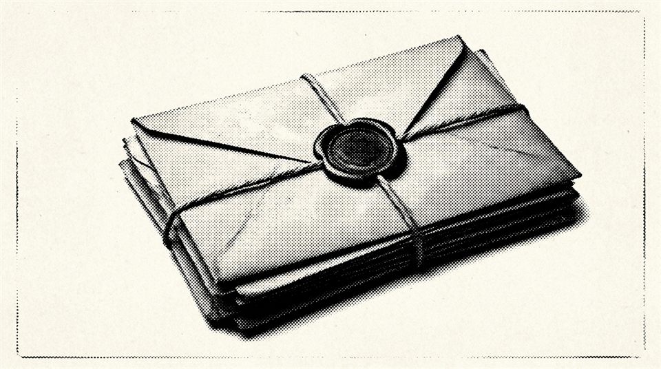 Dithered engraving of sealed envelopes tied with string