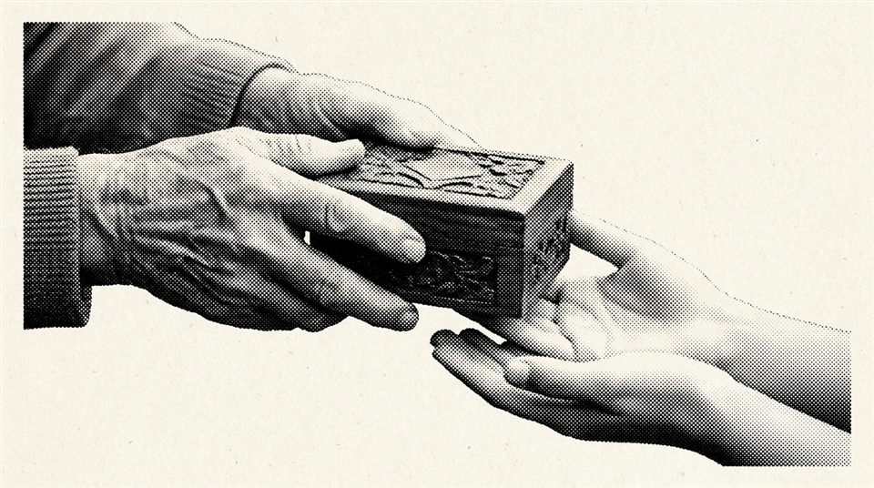 Dithered engraving of older hands passing a keepsake box to younger hands